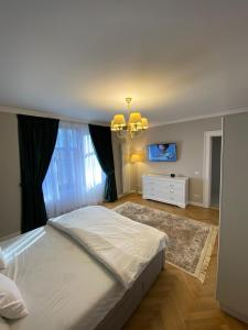 a bedroom with a large bed and a tv at Casa Stef in Sibiu