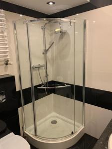 eine Glasdusche im Bad mit WC in der Unterkunft Apartament Deluxe in Darłówko