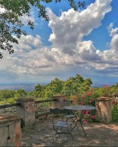 una mesa y una silla en un patio con vistas en Agriturismo I Giardini Di Ararat en Bagnaia