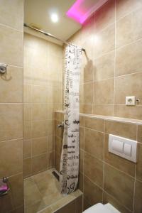 W łazience znajduje się prysznic z zasłoną prysznicową. w obiekcie Апартаменты на Ахматовой w Kijowie