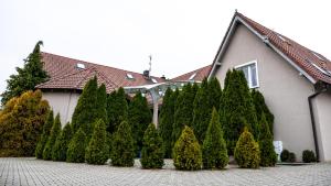 une rangée de pins devant une maison dans l'établissement Park UNESCO Residence, à Łęknica