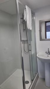 a bathroom with a shower and a sink at The Aston Inn in Birmingham