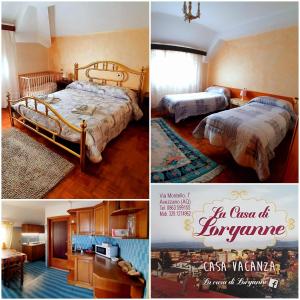 un collage de 3 fotos de un dormitorio con 2 camas en La casa di Loryanne, en Avezzano