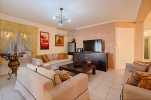 a living room with couches and a flat screen tv at VILLA PASIFAI in Tria Monastiria