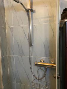 a shower in a bathroom with a glass door at Cozy home in Pertegada