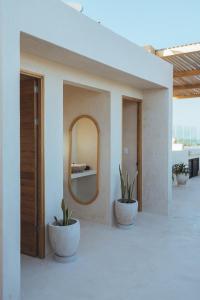 a room with two potted plants and a mirror at Casa Peregrino Holbox in Holbox Island