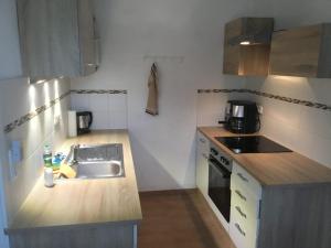 a small kitchen with a sink and a microwave at Urlaub am Ruthnerberg in Schwarzenau