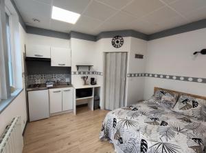 a bedroom with a bed and a small kitchen at Studio éco proche du phare in Calais +5 photos