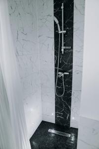 a bathroom with a shower with black and white marble at Garden Apartament Petrila in Petrila +21 photos