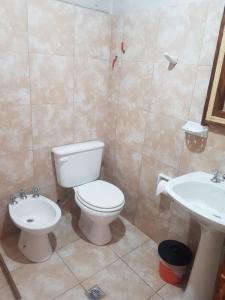 a bathroom with a toilet and a sink at Hostel Casa de Familia in Humahuaca