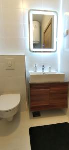 a bathroom with a sink and a toilet and a mirror at Design Apartment at CITY QUART in Podgorica