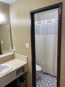 a bathroom with a shower and a sink and a toilet at Thunderbird Motor Lodge, Norman, OK in Norman