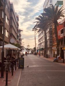 een lege stadsstraat met palmbomen en gebouwen bij Apartamentos Deluxe Strada in Las Palmas de Gran Canaria