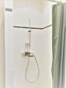ein Bad mit Dusche und Duschvorhang in der Unterkunft APPARTEMENT PROCHE CENTRE VILLE, GARE ET AUTOROUTE in Melun + 39 Fotos