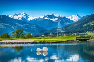 three white ducks in the water with mountains in the background at Apart Huditz in Zell am Ziller