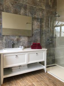 y baño con lavabo y ducha. en Villa Bagatelle, en Saint-Laurent-du-Pont
