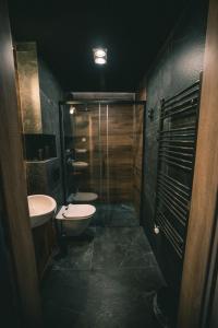 a bathroom with two toilets and a shower and a sink at RelaxApart - Komfortowy apartament Pod Stokiem in Szczyrk