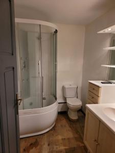 een badkamer met een bad, een toilet en een wastafel bij LES TERRASSES DE L'ALLIER in Monistrol-dʼAllier