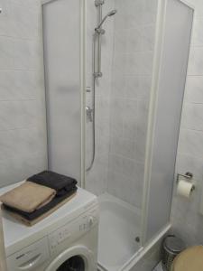 y baño con ducha y lavadora. en Ferienwohnung Rudi, en Chemnitz