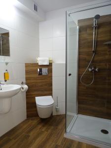 a bathroom with a shower and a toilet and a sink at Willa Global komfortowe pokoje nad morzem in Jastrzębia Góra