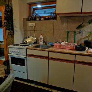 a kitchen with a white stove and a sink at Vikendica Ole Apartman 2. in Pale