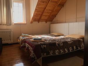 1 dormitorio con 2 camas y ventana en Mansard House, en Gabala