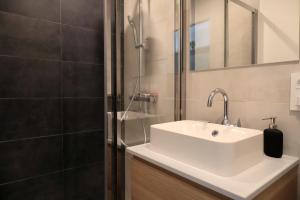 uma casa de banho com um lavatório e um chuveiro em Studio l'évasion, parfait pour vous détendre em Divonne-les-Bains