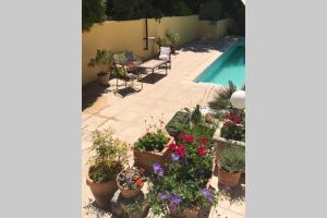 a patio with potted plants and a swimming pool at Ecrin de verdure avec accès piscine en plein Aix in Aix-en-Provence