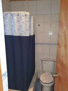 a bathroom with a blue shower curtain and a toilet at Hostal Candelaria in San Pedro de Atacama