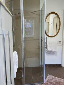 a glass shower in a bathroom with a mirror at Am Kittken in Altenberge