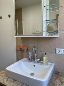 a white sink in a bathroom with a mirror at Am Kittken in Altenberge