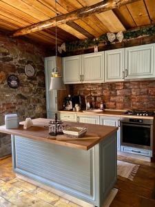 a kitchen with white cabinets and a wooden ceiling at The Hunter House in Ciudanoviţa +21 photos