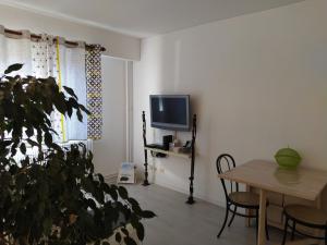 a living room with a table and a tv at Grand studio, super équipé, 2 pas du centre-ville "clos-du-boulanger" in Montbéliard