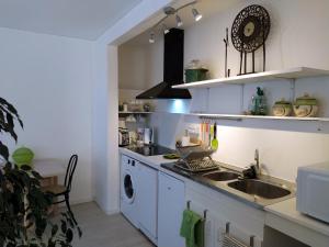 a kitchen with a sink and a washing machine at Grand studio, super équipé, 2 pas du centre-ville "clos-du-boulanger" in Montbéliard