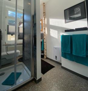a bathroom with a shower with a toilet and blue towels at CASA UNA im Herzen von Bad Kreuznach in Bad Kreuznach +18 photos