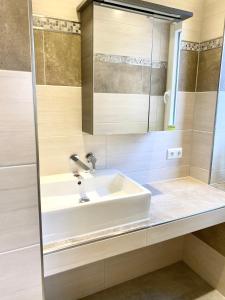 a bathroom with a sink and a shower at Schöne Ferienwohnung mit großem Garten in Flensburg