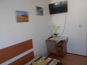 a room with a bed and a desk and a television at Hotelik Gościnny in Radzyń Podlaski