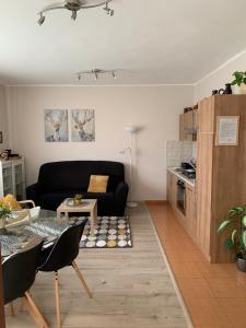 a living room with a black couch and a table at Mátrai Kisház in Mátraszentimre