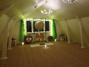 a room with green lights and a room with a large mirror at Marsjö Gård Bo & Yoga vandrarhem in Borgholm