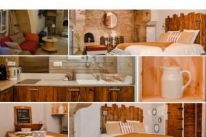 a collage of four pictures of a bedroom and a bathroom at La Chaumière, centre historique, fibre, ESS, rez-de-chaussée, BedinShop in Romans-sur-Isère +26 photos