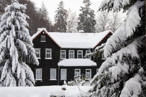 a black house with snow on top of it at Waldhaus Wolfsbachmühle in Hohegeiß