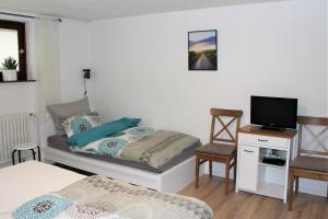 Schlafzimmer mit einem Bett, einem TV und einem Schreibtisch in der Unterkunft Ferienwohnung Landlust Wolfenbüttel in Klein Denkte