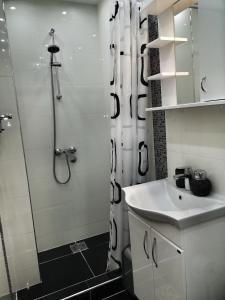 a white bathroom with a shower and a sink at Lux Apartman Boris in Zlatibor