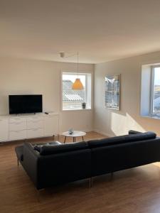 a living room with a black couch and a tv at Surfers Paradise Apartments in Hvide Sande