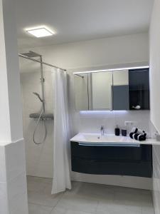 y baño blanco con lavabo y ducha. en Ferienwohnung Breisgau, en Bad Krozingen