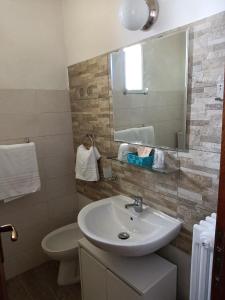 La salle de bains est pourvue d'un lavabo, de toilettes et d'un miroir. dans l'établissement Madonna Della Neve, à Pettenasco