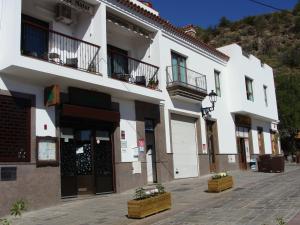 a large white building with two balconies and two plants at Apartamentos el Motor Tejeda in Tejeda