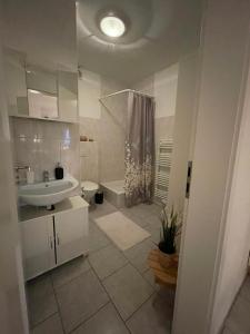 a white bathroom with a sink and a shower at Plätzchen im Herzen Nordfrieslands in Witzwort