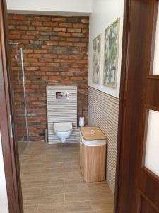ein Bad mit einem WC und einer Glasdusche in der Unterkunft Drzewna Apartamenty-Drzewna in Zielona Góra