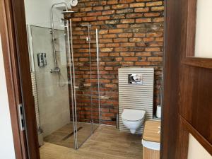 bagno con servizi igienici e muro di mattoni di Drzewna Apartamenty-Drzewna a Zielona Góra